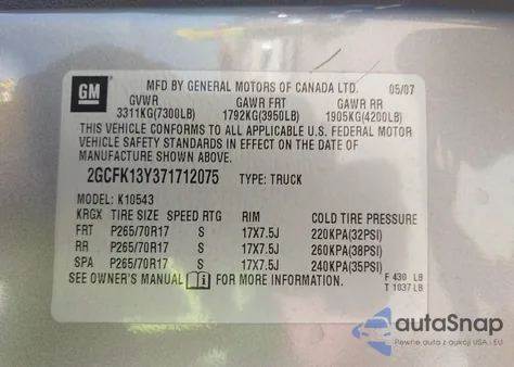 2007 Chevrolet Silverado 1500 Ltz из США, поврежденный, VIN 2GCFK13Y371712075